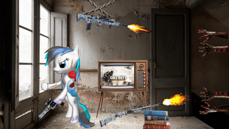 Size: 1920x1080 | Tagged: semi-grimdark, artist:snowy starshine, derpibooru import, oc, oc:snowy starshine, unofficial characters only, pegasus, pony, undead, zombie, blood, blood splatter, book, bruised, call of duty, chains, cut, female, gun, headphones, image, png, pony with gun, ruins, television, weapon
