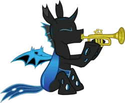 Size: 772x640 | Tagged: safe, artist:tarkan809, derpibooru import, part of a set, oc, oc:w. rhinestone eyes, changeling, derpibooru community collaboration, 2024 community collab, derpibooru exclusive, image, musical instrument, png, show accurate, solo, trumpet