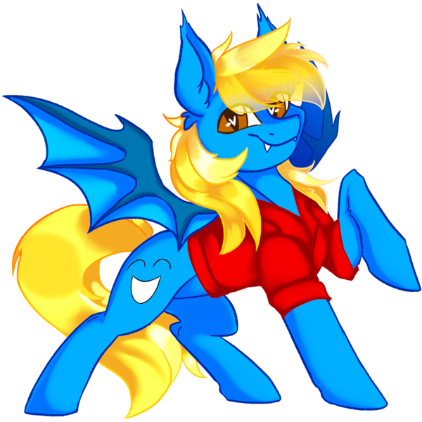 Size: 2000x2000 | Tagged: safe, artist:dankpegasista, derpibooru import, oc, oc:aliax smily, bat pony, pony, bat ears, bat wings, blonde, blonde mane, blonde tail, blue coat, clothes, colt, eye clipping through hair, fangs, foal, full body, heart, heart eyes, high res, highlights, image, long mane male, long tail, looking at you, male, messy mane, png, posing for photo, raised hoof, red shirt, shading, shiny mane, shirt, smiling, smiling at you, solo, spread wings, stallion, standing, sternocleidomastoid, tail, wingding eyes, wings