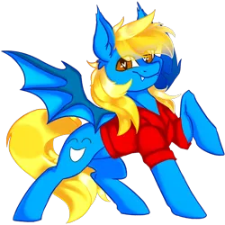 Size: 2000x2000 | Tagged: safe, artist:dankpegasista, derpibooru import, oc, oc:aliax smily, bat pony, pony, bat ears, bat wings, blonde, blonde mane, blonde tail, blue coat, clothes, colt, eye clipping through hair, fangs, foal, full body, heart, heart eyes, high res, highlights, image, long mane male, long tail, looking at you, male, messy mane, png, posing for photo, raised hoof, red shirt, shading, shiny mane, shirt, smiling, smiling at you, solo, spread wings, stallion, standing, sternocleidomastoid, tail, wingding eyes, wings