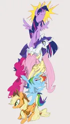 Size: 1014x1800 | Tagged: safe, artist:johhnytostado, derpibooru import, applejack, fluttershy, pinkie pie, rainbow dash, rarity, twilight sparkle, alicorn, earth pony, pegasus, unicorn, eyes closed, gray background, image, mane six, png, pony pile, simple background, smiling, stack, standing, tower of pony, white background