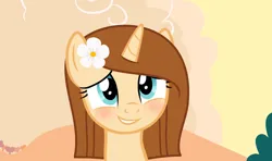 Size: 1161x688 | Tagged: safe, artist:cindystarlight, derpibooru import, oc, oc:madeline, pony, unicorn, blushing, female, flower, flower in hair, image, jpeg, mare, solo