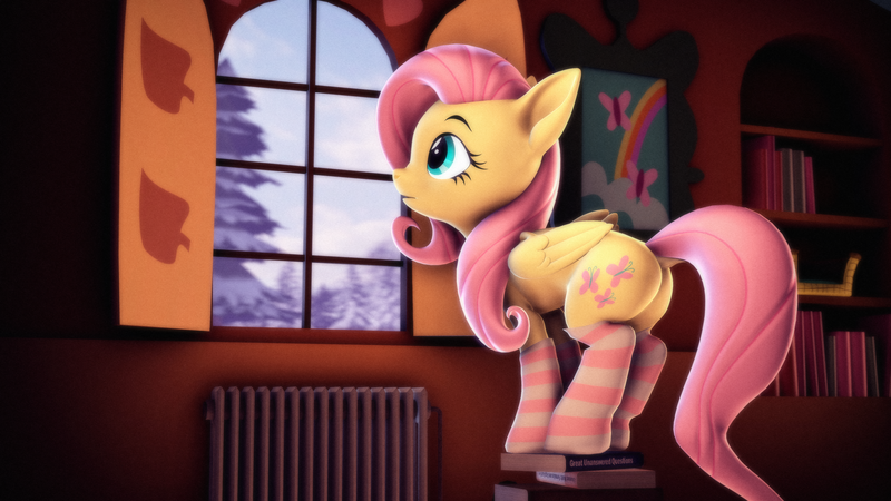 Size: 3840x2160 | Tagged: safe, artist:psfmer, derpibooru import, fluttershy, pegasus, pony, 3d, butt, clothes, female, flutterbutt, g4, high res, image, mare, pine tree, plot, png, snow, socks, solo, source filmmaker, striped socks, tree, window