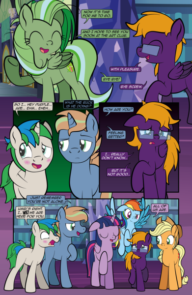 Size: 1920x2948 | Tagged: safe, artist:alexdti, derpibooru import, applejack, rainbow dash, twilight sparkle, twilight sparkle (alicorn), oc, oc:brainstorm (alexdti), oc:purple creativity, oc:screwpine caprice, oc:star logic, alicorn, pegasus, pony, unicorn, comic:quest for friendship retold, blushing, female, image, male, mare, png, stallion