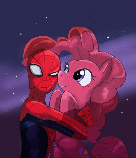 Size: 1772x2048 | Tagged: safe, artist:normanpp, derpibooru import, pinkie pie, earth pony, human, pony, female, hug, image, jpeg, male, marvel, spider-man, superhero