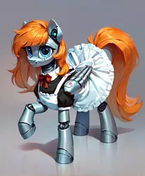 Size: 896x1088 | Tagged: safe, ai content, derpibooru import, machine learning generated, stable diffusion, pegasus, pony, robot, robot pony, clothes, cute, detailed, female, generator:pony diffusion v6 xl, generator:ponydiffusion, hair, image, maid, mare, png, reflection, shadow, simple background, skirt, tail