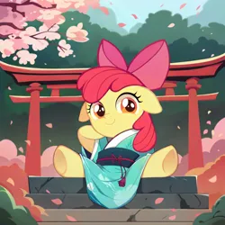 Size: 2048x2048 | Tagged: safe, ai content, derpibooru import, machine learning assisted, machine learning generated, apple bloom, earth pony, pony, bush, cherry blossoms, clothes, female, filly, flower, flower blossom, foal, high res, hoof on cheek, image, kimono (clothing), looking at you, png, shrine, sitting, smiling, smiling at you, solo, spread legs, spreading, stairs, tree