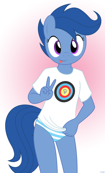 Size: 2010x3315 | Tagged: suggestive, artist:tolpain, banned from derpibooru, ponerpics import, ponybooru import, archer (character), scootablue, anthro, pony, :p, clothes, female, filly, foal, foalcon, image, lolicon, looking at you, panties, peace sign, png, shirt, t-shirt, tongue out, underage, underwear