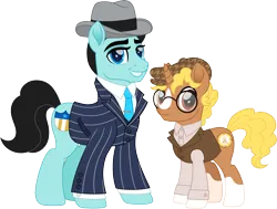 Size: 2384x1800 | Tagged: safe, artist:cloudy glow, derpibooru import, earth pony, pony, unicorn, arthur kenzie, clothes, dressed, duo, duo male, g4, glasses, handsome, hat, image, male, necktie, png, rory brodigan, simple background, smiling, stallion, suit, transparent background