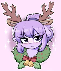 Size: 1435x1660 | Tagged: safe, artist:moozua, derpibooru import, oc, oc:mio (higglytownhero), unofficial characters only, pony, antlers, bells, blaze (coat marking), blushing, bust, christmas, coat markings, colored background, facial markings, female, floppy ears, grumpy, hair tie, holiday, holly, image, looking at you, no source available, png, ponytail, portrait, pouting, reindeer antlers, simple background, solo, sparkles, wreath