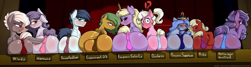 Size: 5625x1500 | Tagged: questionable, artist:sketchy knight, derpibooru import, oc, oc:empress felicity, unofficial characters only, hybrid, pegasus, pony, unicorn, angry, bedroom eyes, blushing, butt, clothes, crown, cuntboy, dock, embarrassed, eyeroll, female, flirting, horn, hybrid oc, image, intersex, jewelry, large butt, lesbian, line-up, looking at each other, looking at someone, looking at you, looking back, lots of characters, mare, open mouth, panties, pegasus oc, png, presenting, question mark, raised hoof, regalia, royalty, shocked, shy, smiling, spreading, surprised, tail, underwear, unicorn oc, wide hips, wings