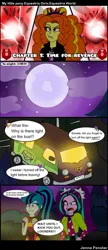 Size: 649x1507 | Tagged: safe, artist:jenna56, derpibooru import, adagio dazzle, aria blaze, sonata dusk, comic:equestria world (jenna56), 4 panel comic, comic, dialogue, female, g4, image, jpeg, moon, night, the dazzlings, the dazzlings tour bus