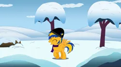 Size: 1133x628 | Tagged: safe, artist:mlpfan3991, derpibooru import, oc, oc:flare spark, unofficial characters only, pegasus, pony, clothes, eyes closed, g4, hat, image, png, scarf, smiling, snow, solo, winter, winter hat