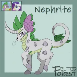 Size: 2050x2050 | Tagged: safe, artist:feltedforestart, derpibooru import, rarity, spike, oc, oc:nephrite, dracony, hybrid, pony, unicorn, curved horn, female, horn, image, interspecies offspring, jpeg, long horn, male, offspring, older, older spike, parent:rarity, parent:spike, parents:sparity, screencap reference, shipping, signature, solo, sparity, straight