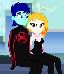 Size: 969x1122 | Tagged: safe, artist:robertsonskywa1, derpibooru import, oc, oc:starshadow skystalker, equestria girls, g5, my little pony: tell your tale, canon x oc, clothes, female, flare (g5), image, male, marvel, miles morales, photo, png, shipping, sitting, spider-gwen, spider-man, spider-man: across the spider-verse, suit