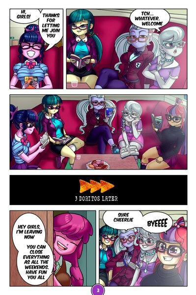 Size: 852x1280 | Tagged: suggestive, artist:joruze, derpibooru import, cheerilee, moondancer, silver spoon, sugarcoat, twilight sparkle, comic:the book club, equestria girls, book, chips, comic, comic book, couch, donut, doritos, fake smile, food, image, jpeg, reading, sitting, smiling, sweat, sweatdrop