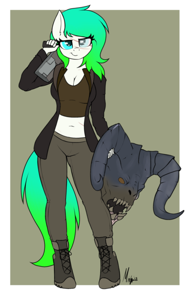 Size: 1753x2716 | Tagged: safe, artist:ponynamedmixtape, derpibooru import, oc, oc:gumdrop, unofficial characters only, anthro, deathclaw, derpibooru exclusive, fallout, female, gun, image, injured, midriff, png, solo, weapon