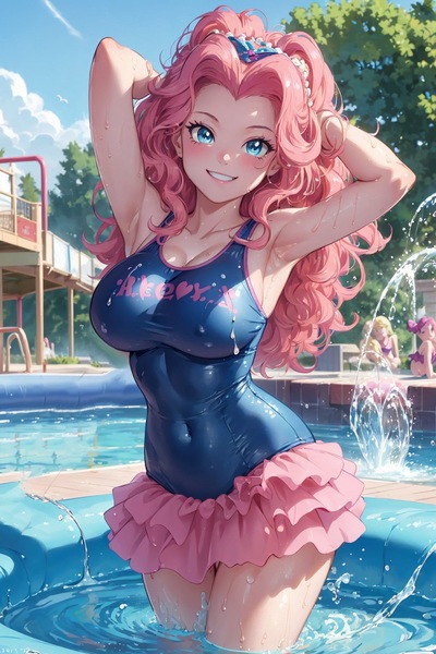 Size: 1024x1536 | Tagged: suggestive, ai content, derpibooru import, machine learning generated, pinkie pie, human, equestria girls, arm behind head, belly button, big breasts, breasts, busty pinkie pie, clothes, female, fountain, generator:yodayo, humanized, image, jpeg, long hair, looking at you, outdoors, pose, sexy, sky, smiling, smiling at you, solo, stupid sexy pinkie, sultry pose, swimming pool, teeth, thighs, tight clothing, tight fit, tree, water, waterparks, wet