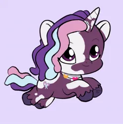 Size: 1351x1360 | Tagged: safe, artist:amynewblue, derpibooru import, violette rainbow, pony, unicorn, g5, dreadlocks, female, filly, foal, horn, image, jewelry, jpeg, lavender background, looking up, necklace, simple background, smiling, solo, tail, unshorn fetlocks, vitiligo