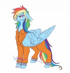 Size: 1906x1988 | Tagged: safe, artist:ardatlili, derpibooru import, rainbow dash, pegasus, pony, bound wings, chained, chains, clothes, cuffed, cuffs, female, g4, grumpy, image, jpeg, jumpsuit, mare, never doubt rainbowdash69's involvement, prison outfit, prisoner, prisoner rd, shackles, simple background, solo, white background, wings