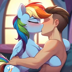 Size: 1024x1024 | Tagged: suggestive, ai content, derpibooru import, machine learning generated, rainbow dash, human, pony, blushing, duo, duo male and female, eyes closed, faceless human, female, g4, generator:pony diffusion v6 xl, hug, human on pony action, image, interspecies, kiss on the lips, kissing, male, mare, png, prompter:ada, wings