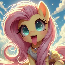Size: 4096x4096 | Tagged: safe, ai content, derpibooru import, machine learning generated, prompter:enterusxrname, fluttershy, pegasus, pony, choker, clothes, female, g4, generator:dall-e 3, image, jpeg, mare, prompt in description, shirt, sky, solo, tongue out, upscaled
