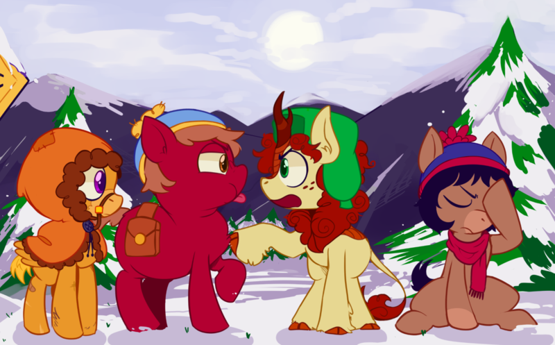 Size: 1280x795 | Tagged: safe, artist:satanpigs, derpibooru import, ponified, earth pony, kirin, pegasus, pony, angry, bag, bridle, chubby, clothes, cloud, cloudy, colt, eric cartman, facehoof, foal, group, hat, image, jacket, kenny mccormick, kyle broflovski, male, mountain, png, saddle bag, sign, snow, south park, stan marsh, sun, tack, tongue out, tree, yelling
