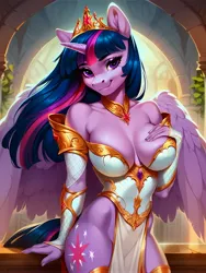 Size: 3072x4096 | Tagged: suggestive, ai content, derpibooru import, machine learning generated, stable diffusion, twilight sparkle, alicorn, anthro, unguligrade anthro, armor, beautiful, beautisexy, bedroom eyes, belly button, big breasts, breasts, busty twilight sparkle, cleavage, clothes, dress, ethereal mane, female, g4, generator:pony diffusion v6 xl, high res, horn, image, jpeg, looking at you, prompter:xydo, smiling, solo, solo female, stupid sexy twilight, thighs, unconvincing armor, wings