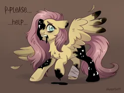 Size: 2448x1836 | Tagged: semi-grimdark, artist:skysorbett, derpibooru import, fluttershy, pegasus, pony, alternate universe, bandage, bandaged leg, creepy, crying, eyes do not belong there, female, g4, image, infected, mare, multiple eyes, mutation, png, solo, text, wings