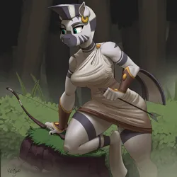 Size: 900x900 | Tagged: suggestive, artist:kevinsano, derpibooru import, zecora, anthro, pony, unguligrade anthro, zebra, arrow, big breasts, bow (weapon), bow and arrow, bracer, breasts, busty zecora, clothes, digital art, ear piercing, earring, female, forest, g4, image, jewelry, mare, nature, piercing, png, solo, thighs, toga, tree, weapon, wide hips
