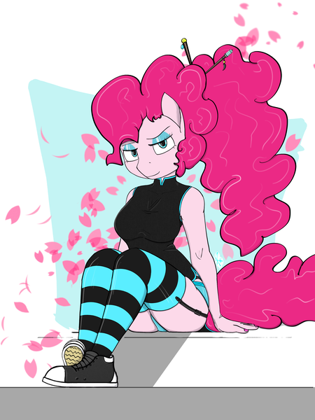 Size: 2304x3072 | Tagged: safe, artist:raw16, derpibooru import, pinkie pie, anthro, cipao dress, clothes, dress, eyeshadow, female, garters, hairpin, image, looking at you, makeup, panties, png, ponytail, shoes, sitting, sneakers, socks, solo, solo female, striped socks, thigh highs, underwear, zettai ryouiki