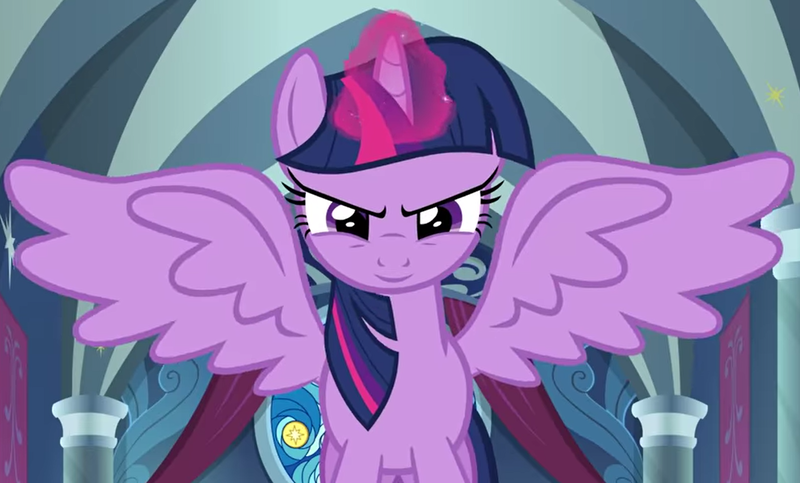 Size: 989x597 | Tagged: safe, derpibooru import, edit, edited screencap, editor:twilyisbestpone, screencap, twilight sparkle, twilight sparkle (alicorn), alicorn, pony, season 9, the ending of the end, spoiler:s09, evil grin, female, g4, grin, image, inverted mouth, looking at you, magic, mare, png, smiling, smiling at you, smirk, solo, spread wings, wings