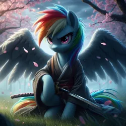 Size: 1024x1024 | Tagged: safe, ai content, derpibooru import, machine learning generated, prompter:6dpegasus, rainbow dash, pegasus, pony, cherry blossoms, female, flower, flower blossom, generator:bing image creator, grass, image, jpeg, katana, mare, outdoors, samurai, solo, spread wings, sword, weapon, wings