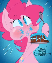 Size: 812x984 | Tagged: safe, artist:toonmaroon179, pinkie pie, earth pony, pony, artist signature, blue, blue frosting, blushing, cake, eating, eyebrows, eyebrows visible through hair, eyelashes, female, food, frosting, grabbing, happy, holding, holding object, image, jpeg, mare, puffy cheeks, signature, solo, spoon