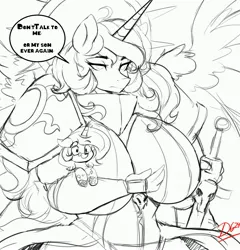 Size: 3684x3832 | Tagged: safe, artist:thelunarmoon, derpibooru import, princess celestia, oc, oc:lunar moon, alicorn, anthro, pony, unicorn, armor, big breasts, black and white, breasts, busty princess celestia, dialogue, don't talk to me or my son ever again, duo, duo male and female, female, frown, grayscale, holding a pony, huge breasts, image, jpeg, lidded eyes, looking at you, male, mare, meme, monochrome, mother and child, mother and son, offspring, parent:princess celestia, saint celestine, signature, simple background, speech bubble, spread wings, sword, talking to viewer, warhammer (game), warhammer 40k, weapon, white background, wings