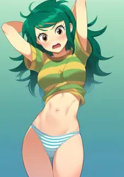 Size: 2688x3840 | Tagged: suggestive, ai content, derpibooru import, machine learning generated, stable diffusion, wallflower blush, human, equestria girls, anime style, arm behind head, belly, belly button, blushing, breasts, busty wallflower blush, clothes, female, g4, generator:pony diffusion v6 xl, generator:purplesmart.ai, gradient background, image, midriff, open mouth, panties, png, prompter:lerkyboy, ribcage, slender, solo, striped panties, striped underwear, stupid sexy wallflower blush, thin, underwear