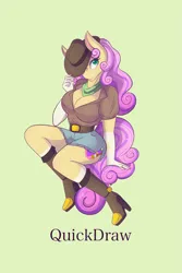 Size: 1365x2048 | Tagged: safe, artist:mscolorsplash, derpibooru import, oc, oc:quickdraw, unofficial characters only, anthro, earth pony, boob freckles, boots, breasts, busty oc, chest freckles, cleavage, clothes, commission, cowboy hat, denim, denim skirt, female, freckles, green background, hat, high heel boots, image, looking at you, png, shoes, simple background, skirt, solo, spurs