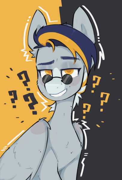 Size: 1350x1991 | Tagged: safe, artist:crashbrush, derpibooru import, oc, unofficial characters only, pegasus, pony, eyebrows, female, image, mare, png, raised eyebrow, request, simple background, smiling, solo, sunglasses, yellow eyes