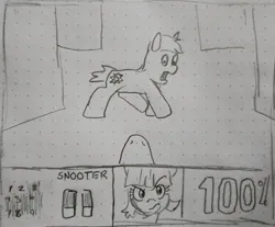 Size: 2048x1692 | Tagged: safe, artist:pony quarantine, derpibooru import, oc, unofficial characters only, earth pony, pony, doom, female, graph paper, grayscale, hud, image, jpeg, looking at you, male, mare, monochrome, offscreen character, open mouth, pencil drawing, pov, snoot, stallion, traditional art