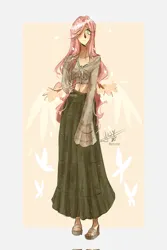 Size: 1368x2048 | Tagged: safe, artist:iheyyasyfox, derpibooru import, fluttershy, butterfly, human, insect, clothes, dress, eye clipping through hair, female, hair over one eye, humanized, image, jpeg, long sleeves, looking at you, midriff, partially open wings, pony coloring, sandals, simple background, smiling, smiling at you, solo, winged humanization, wings, yellow background