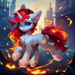 Size: 4096x4096 | Tagged: safe, ai content, derpibooru import, machine learning generated, prompter:aeroliger, stable diffusion, oc, oc:feisty fire, unofficial characters only, pony, unicorn, big ears, blushing, butt fluff, chest fluff, ear fluff, female, fire, fluffy, generator:purplesmart.ai, horn, image, looking at you, looking back, looking back at you, mane of fire, mare, png, solo, unshorn fetlocks