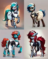 Size: 1792x2176 | Tagged: safe, ai content, derpibooru import, machine learning generated, stable diffusion, pegasus, pony, robot, robot pony, angry, clothes, collage, cute, detailed, female, generator:pony diffusion v6 xl, generator:ponydiffusion, hair, happy, image, jpeg, looking at you, maid, mare, reflection, shadow, simple background, skirt, tail