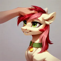 Size: 4096x4096 | Tagged: safe, ai content, derpibooru import, machine learning generated, prompter:doom9454, stable diffusion, roseluck, human, pony, behaving like a cat, bust, collar, cute, fangs, fluffy, generator:purplesmart.ai, hand, image, jpeg, offscreen character, offscreen human, pet tag, petting, pony pet, portrait, rosepet