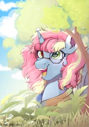 Size: 2480x3508 | Tagged: safe, derpibooru import, oc, unofficial characters only, pony, unicorn, bush, clothes, cloud, ear fluff, female, glasses, grass, heterochromia, hoodie, horn, image, leaves, light skin, looking forward, looking up, mare, multicolored hair, multicolored mane, nature, pink hair, pink mane, png, sky, solo, sweater, tree