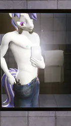 Size: 2160x3840 | Tagged: suggestive, artist:scratch_wub, derpibooru import, oc, oc:scratch wub, unofficial characters only, anthro, unicorn, 3d, bathroom, clothes, denim, image, jeans, jpeg, male, male nipples, mirror, nipples, nudity, pants, partial nudity, phone, selfie, smiling, solo, source filmmaker, topless