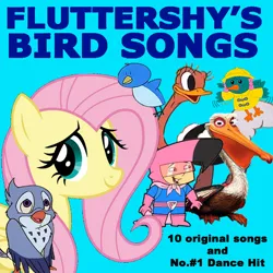 Size: 720x720 | Tagged: safe, artist:ianpony98, derpibooru import, editor:incredibubbleirishguy, fluttershy, oc, oc:sunny, bird, bluebird, flamingo, ostrich, pelican, captain flamingo, cd, collection, crossover, fluttershy's bird songs, image, jpeg, kessie, soundtrack