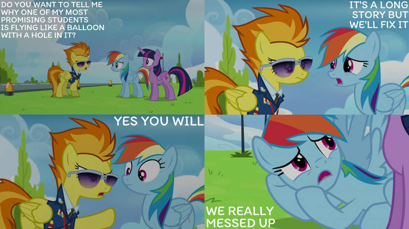 Size: 2000x1123 | Tagged: safe, derpibooru import, edit, edited screencap, editor:quoterific, screencap, rainbow dash, spitfire, twilight sparkle, top bolt, captain of the wonderbolts, clothes, drill sergeant, image, jpeg, necktie, spitfire's tie, suit, sunglasses, uniform, wonderbolts dress uniform