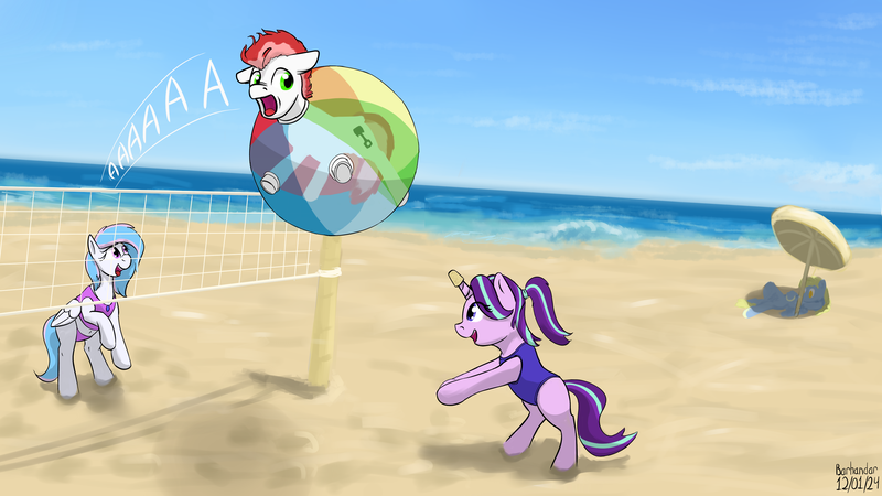 Size: 3840x2160 | Tagged: safe, artist:barhandar, starlight glimmer, oc, oc:starburn, oc:swift apex, oc:windswept skies, pegasus, pony, unicorn, beach, beach ball, beach volleyball, bondage, bully, bullying, clothes, cork, dutch angle, encasement, female, floppy ears, fun suit, image, inflatable, inflatable suit, male, mare, ocean, one-piece swimsuit, png, rearing, screaming, signature, sports, stallion, swimsuit, two-piece swimsuit, volleyball