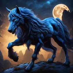 Size: 1024x1024 | Tagged: safe, ai content, derpibooru import, machine learning generated, oc, oc:blue swirl, unofficial characters only, earth pony, pony, were-pony, werewolf, wolf, wolf pony, blue fur, blue mane, blue tail, earth pony oc, fanfic art, image, jpeg, male, male oc, moon, solo, tail