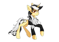 Size: 2400x1696 | Tagged: safe, artist:行豹cheetahspeed, derpibooru import, oc, oc:autumn trace, unofficial characters only, pony, unicorn, derpibooru community collaboration, 2024 community collab, black and white mane, clothes, cute, female, hoodie, image, light, mare, orange eyes, png, raised hoof, simple background, yellow skin